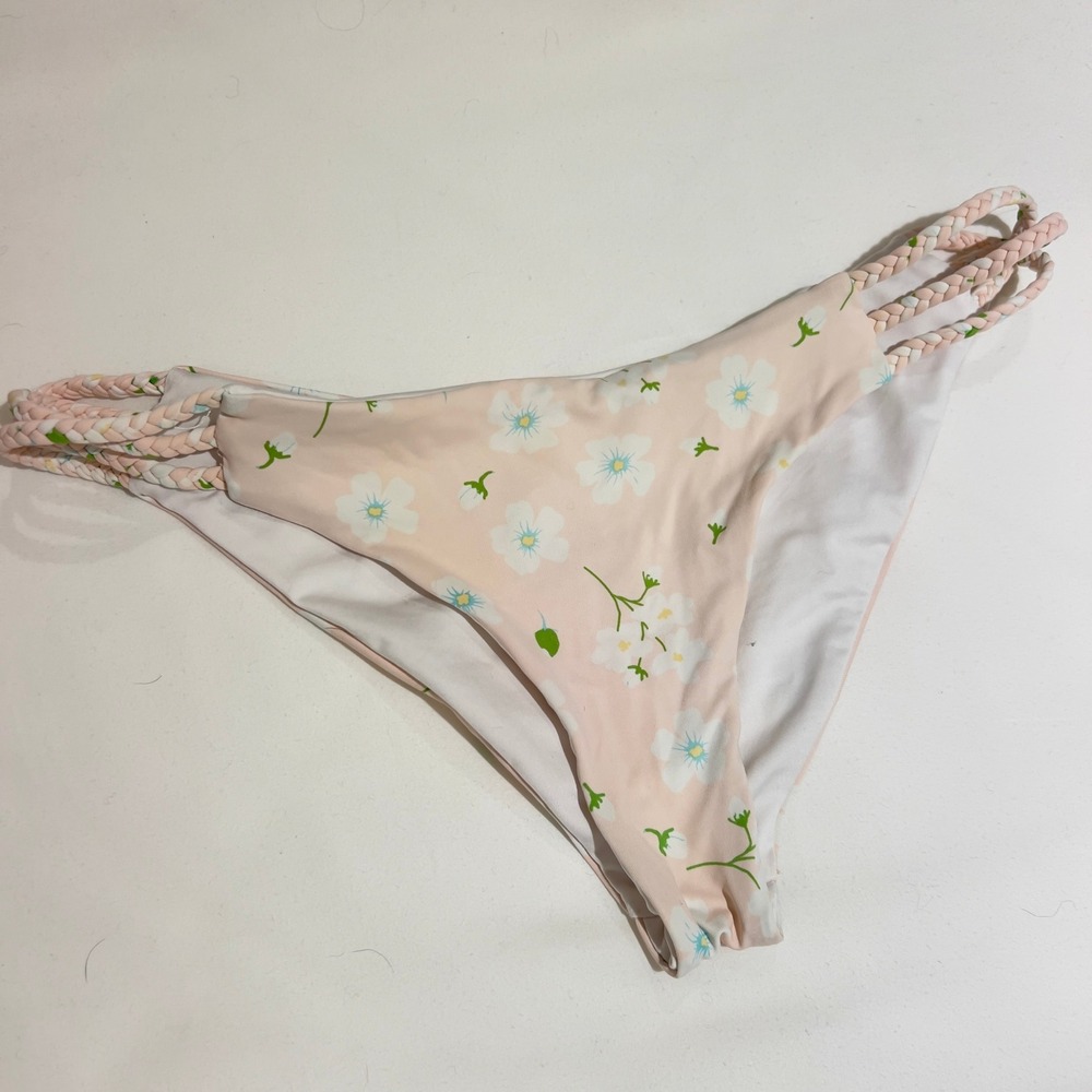 Frankie's Bikinis Peach Pink Floral Braided Side Bikini Bottoms Cheeky Low Rise - Picture 1 of 4
